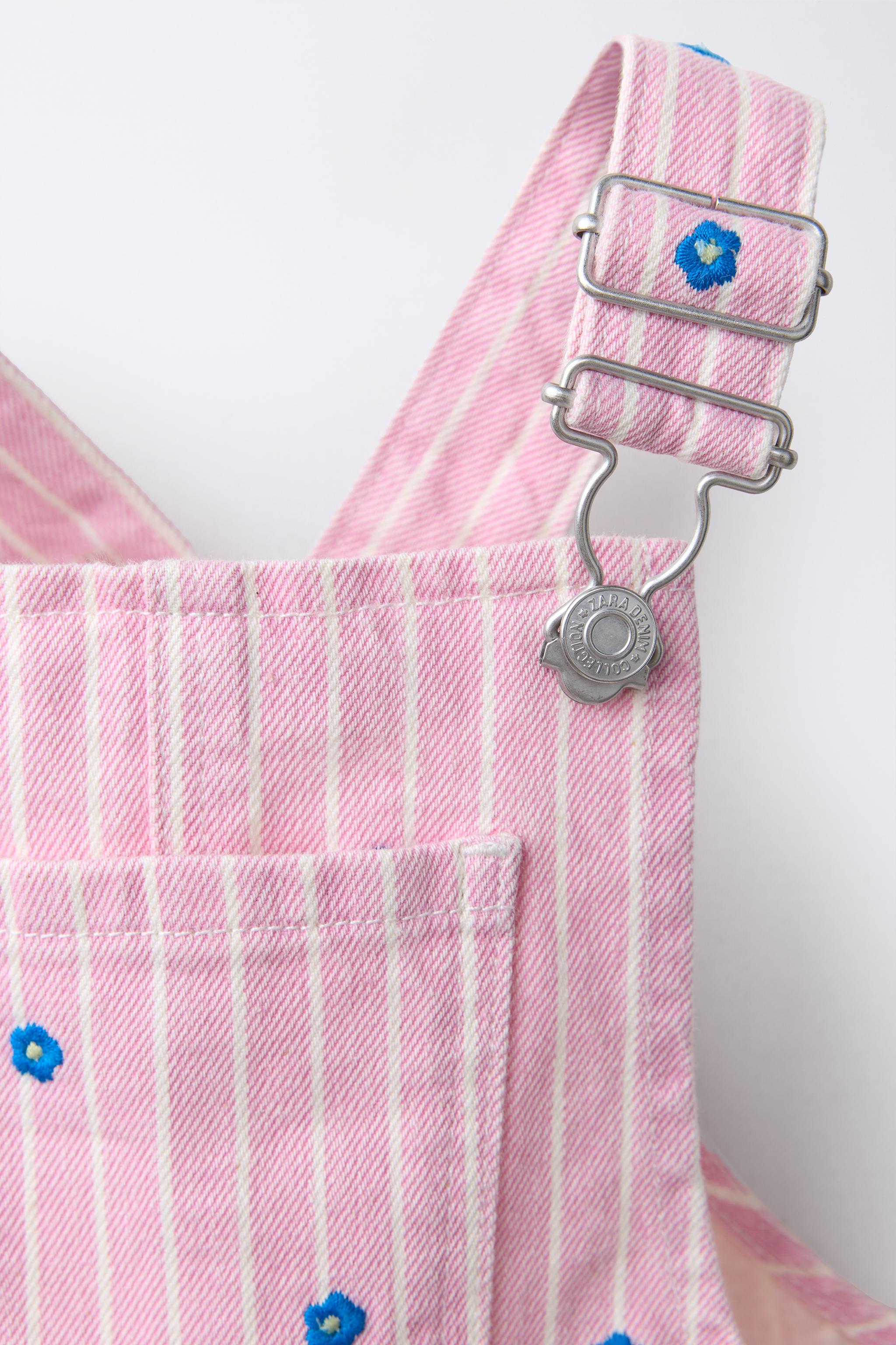 STRIPED & EMBROIDERED FLORAL TWILL OVERALL SHORTS